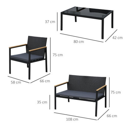 Balkon Lounge Outdoor Iron Metal Patio Meubels Set Gemengd met Waterdicht PE Rattan