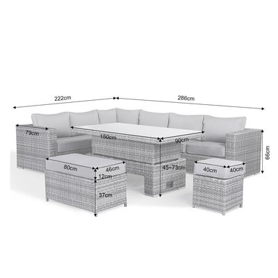 Moderne rottangardenset met sectioneel eettafel en verhoogtafel