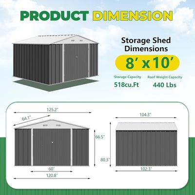 Buitenopslaggereedschappen Schuur Metalen huis van grote grootte 8x10 ft met 66,5 inch hoge stalen deuren