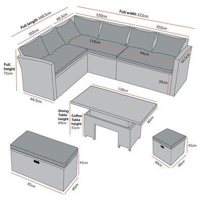Rectangular Eck Eetbank Set met oplopende tafel AJUNION Rattan Tuinmeubelen