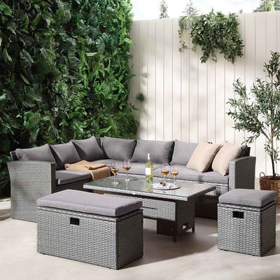 Rectangular Eck Eetbank Set met oplopende tafel AJUNION Rattan Tuinmeubelen
