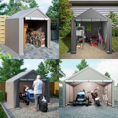 PE-stof dakdek AJUNION 6.2x5.6ft Buitenopslagtent Metalen tuinfietsskedij voor gereedschappen Vuurhout