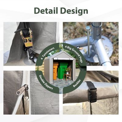 PE-stof dakdek AJUNION 6.2x5.6ft Buitenopslagtent Metalen tuinfietsskedij voor gereedschappen Vuurhout