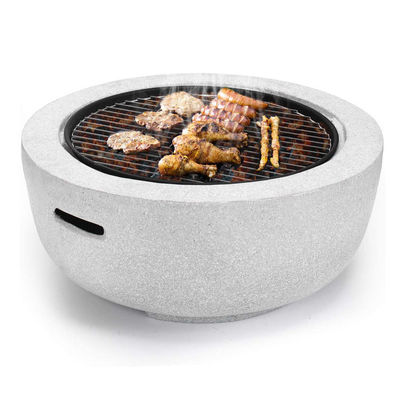 Witte 3 in 1 ronde hout brandende haard houtskool BBQ grill tafel kunstmatige steen haard met aangepast logo