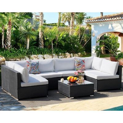 Buitenmeubilair AJUNION 7 stukken PE Rattan Wicker sectioneel sofa set voor tuin