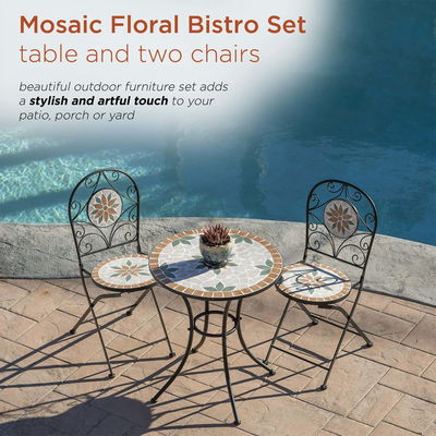AJUNION 3 stukjes ijzeren mozaïek tegel patio Bistro set met keramische tafel en vouwstoelen