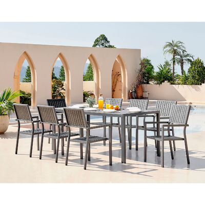 Aluminium Outdoor 8 zitplaatsen Eetkamer Set Teak Hout Gelaagd Tafelplan Eetkamer Tuin Set