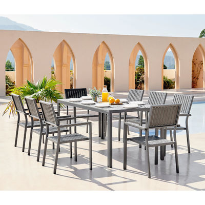 Aluminium Outdoor 8 zitplaatsen Eetkamer Set Teak Hout Gelaagd Tafelplan Eetkamer Tuin Set