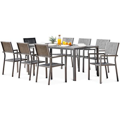 Aluminium Outdoor 8 zitplaatsen Eetkamer Set Teak Hout Gelaagd Tafelplan Eetkamer Tuin Set