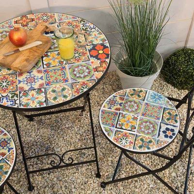 AJUNION 3pcs Outdoor Bistro Metalen Tafelstoel Set Antieke Mosaïek Keramiek voor Tuin