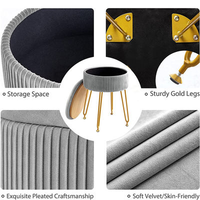 Custom Logo Velvet Storage Ottomaanse voetbank met metalen benen en ronde voetzorgstoel