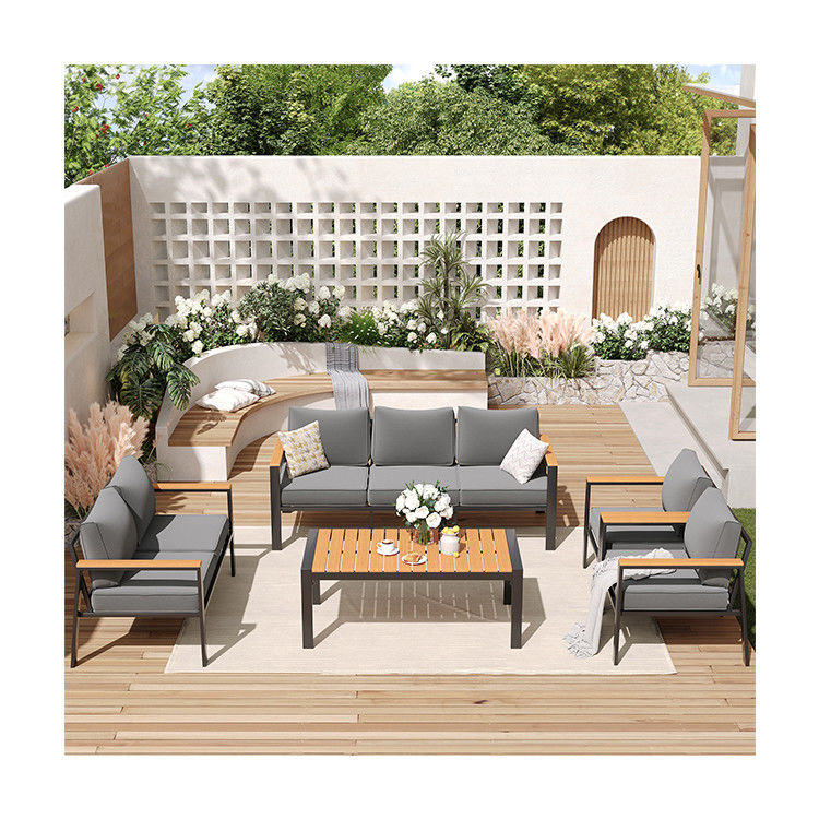 Moderne 7 zitplaatsen metalen tuinmeubilair set voor buiten sectioneel sofa en terrasmeubilair