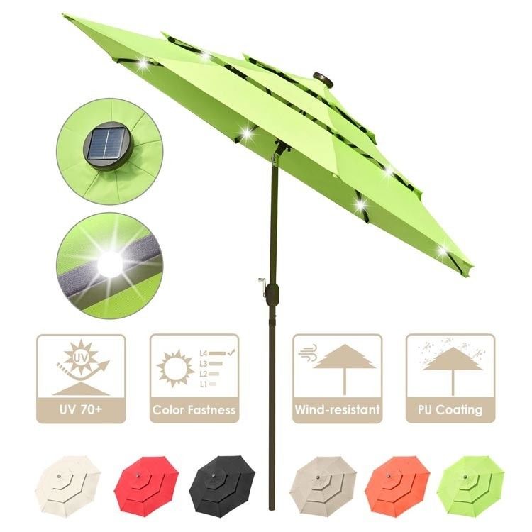 Custom Logo Outdoor Cafe Garden Beach Patio Zonneparaplu met 3 Tiers en LED-lichten