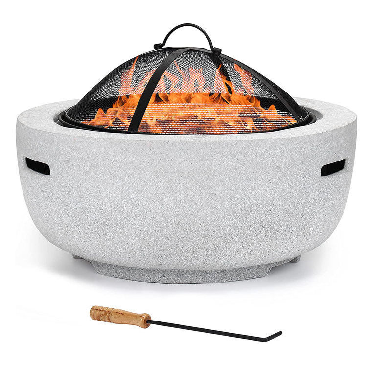 Witte 3 in 1 ronde hout brandende haard houtskool BBQ grill tafel kunstmatige steen haard met aangepast logo