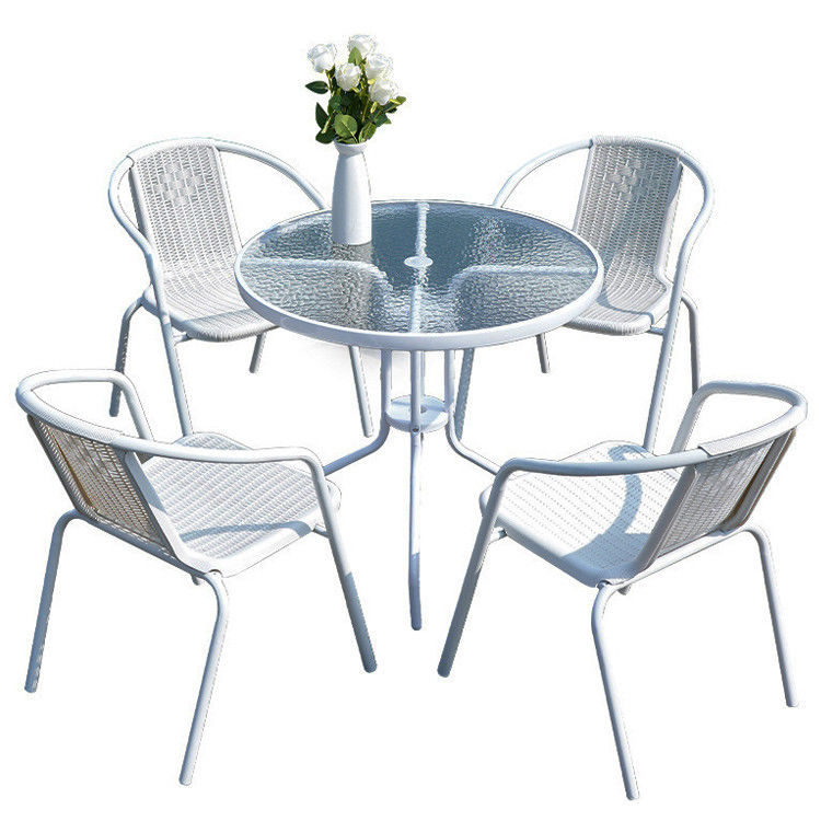 Outdoor Balkon Restaurant Cafe Tuin Leisure Metalen Glas Ronde Tafel en Rattan Stoel