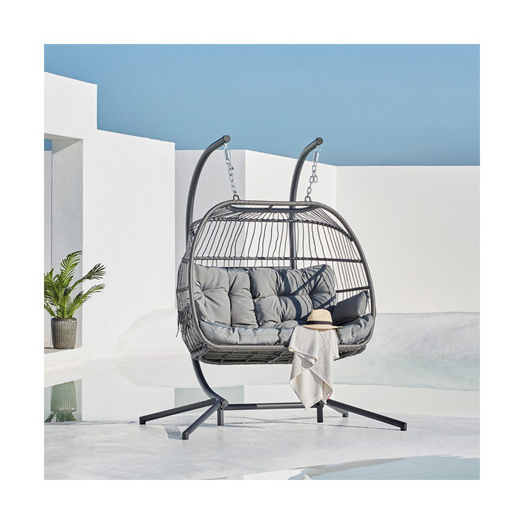 Buitenhangende stoel AJUNION Dubbele stoel Wicker Rattan Ei Patio Schommels met stand