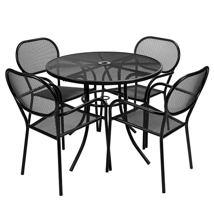 Outdoor Bistro Cafe Tuin Hof Terras Metalen ijzeren ronde tafels en stoelen met paraplu gat in modern design