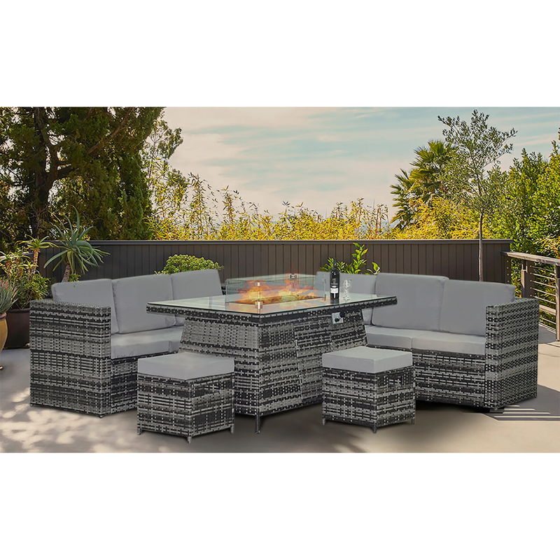 Vakantie Outdoor Steel Tube Frame AJUNION Wicker Rattan Tuin Set met vuurput Tafel