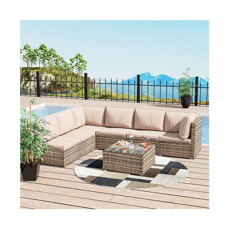 Verbeter je patio met AJUNION 7 Piece Meubels Set in Bruine Kussens en PE Rattan