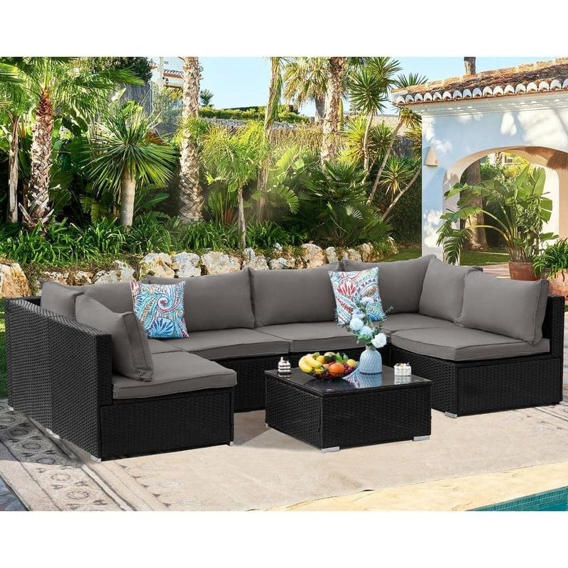 AJUNION Wicker Rattan PE sectionaire bank Tuin Set Patio Meubels Gespreksset Buitenmeubelen