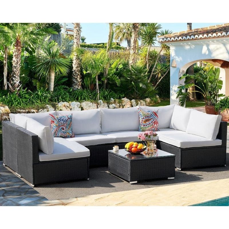 Buitenmeubilair AJUNION 7 stukken PE Rattan Wicker sectioneel sofa set voor tuin