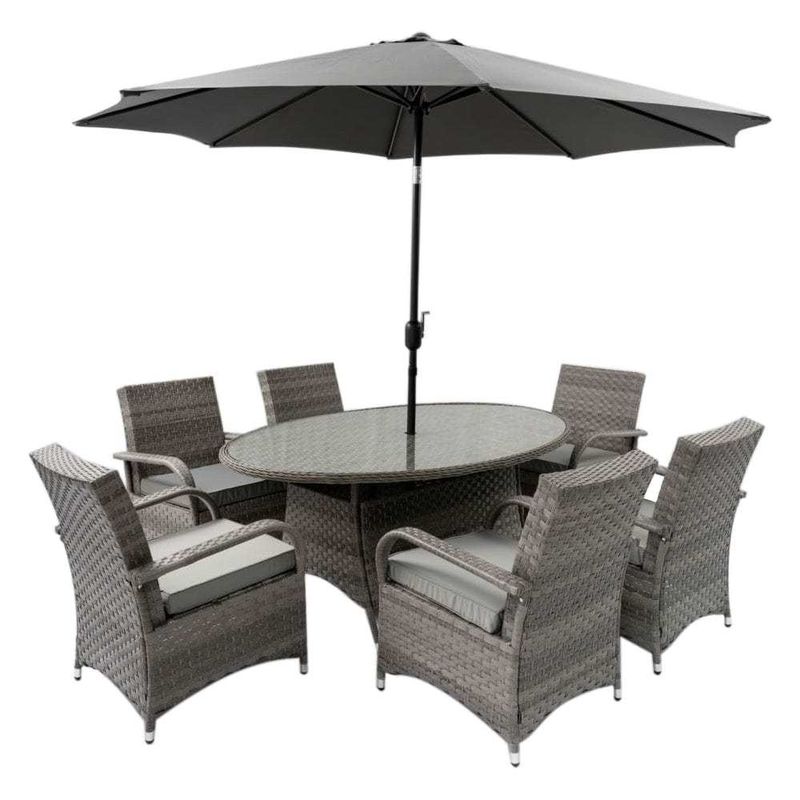 9 zitplaatsen Outdoor dining set met ronde tafel en kussens door AJUNION Rattan Furniture