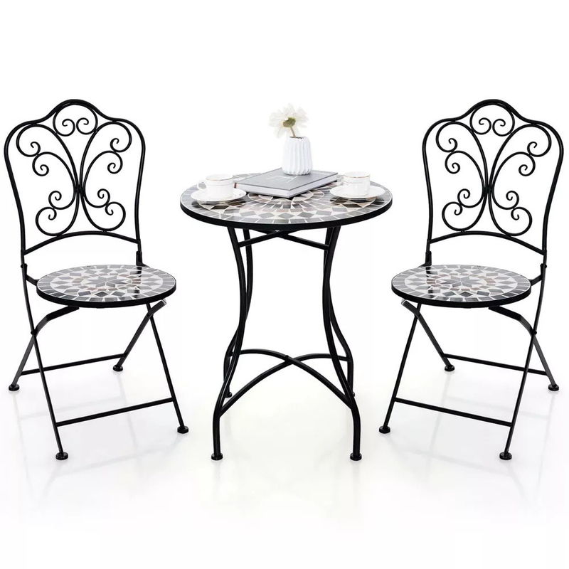 Buitenmeubilair AJUNION 2 Stoel en tafel metalen ijzeren opvouwbare stoel antieke mozaïek tegel tafel bistro set