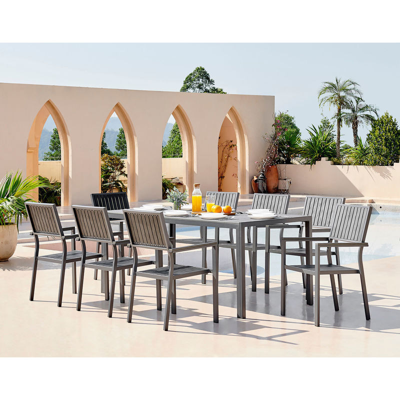 Aluminium Outdoor 8 zitplaatsen Eetkamer Set Teak Hout Gelaagd Tafelplan Eetkamer Tuin Set
