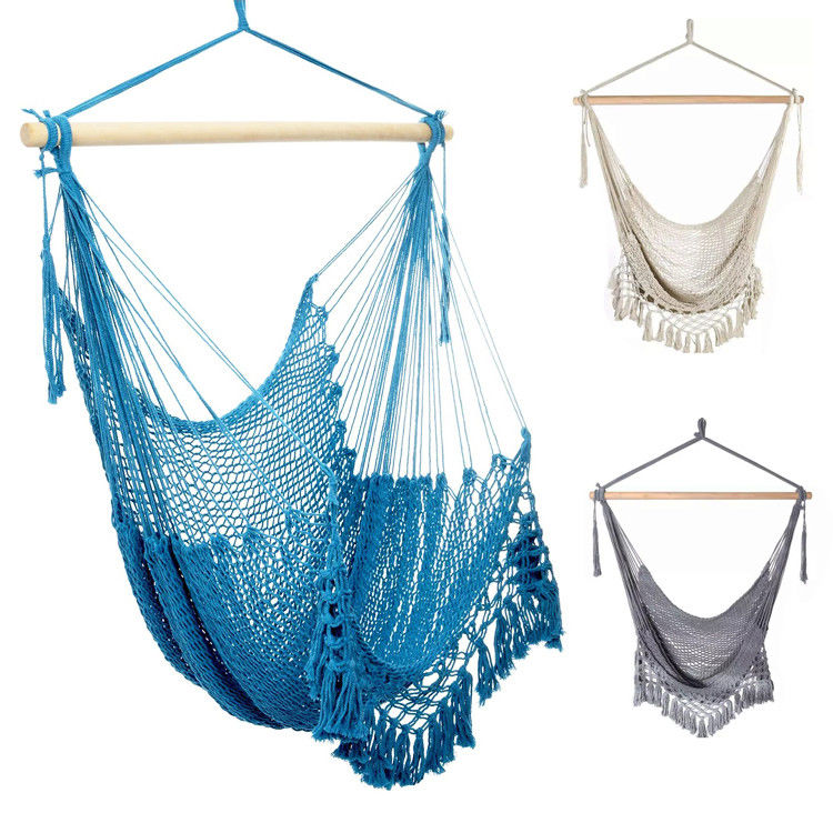 Buitentuin draagbare hangende katoenen touw hangmat stoel met Tassel houten stand