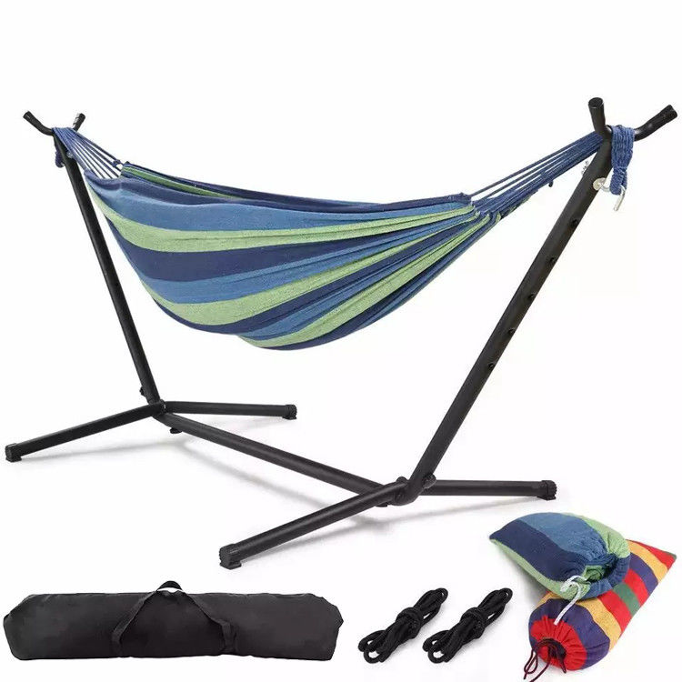 Home Outdoor Tuin Camping Draagbaar lichtgewicht vouwbaar Dubbele katoenen hangmatten met metalen stand